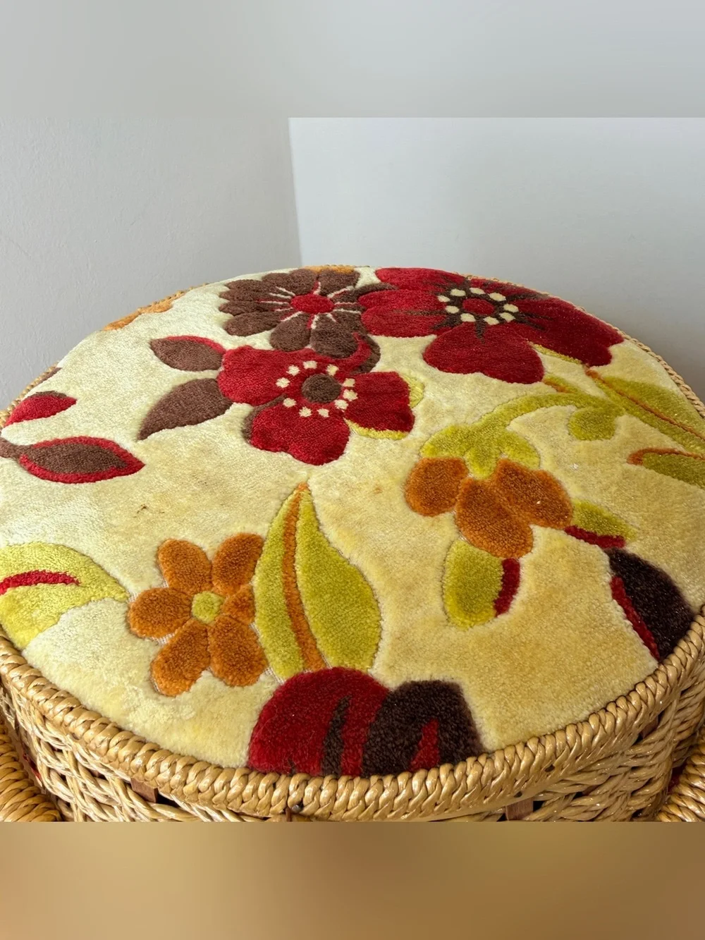 Vintage 1970s Woven Sewing Basket Box Made in Japan Velvet Floral Lid Retro